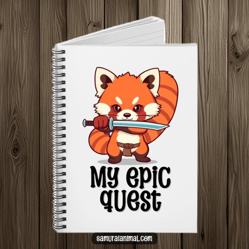 Funny red panda notebook featuring a stylized character in a dramatic sword stance, ideal for writing and planning.