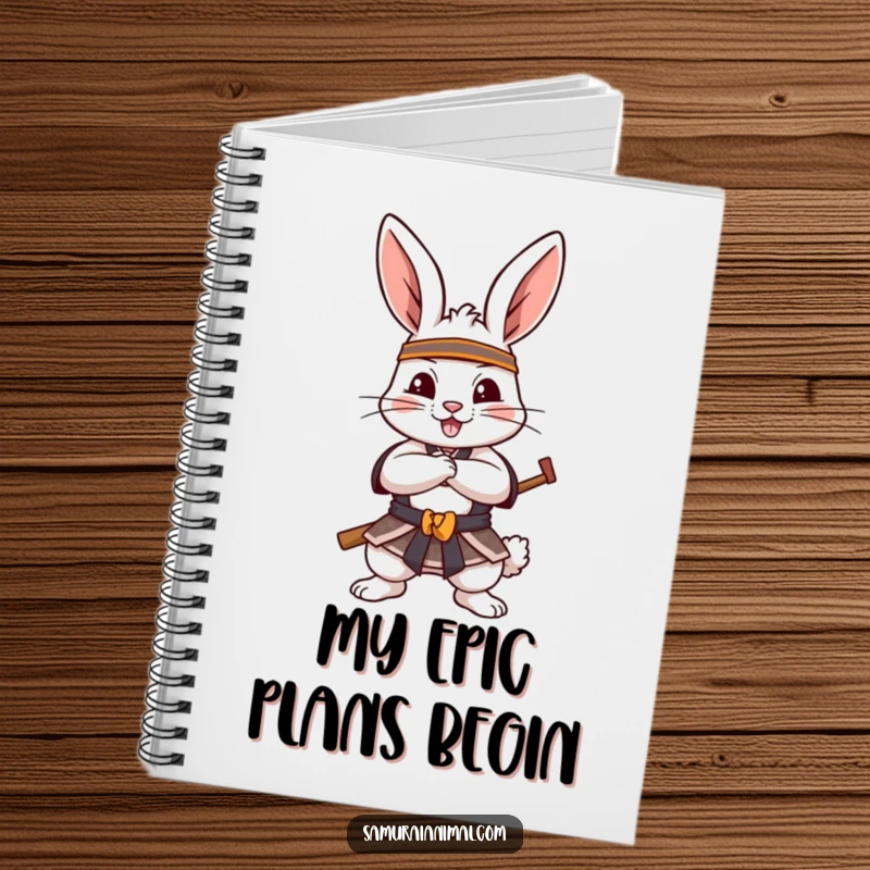 Funny Notebook showcasing a cheerful rabbit in a samurai pose, paws crossed, perfect for jotting down notes with a dose of warrior spirit.