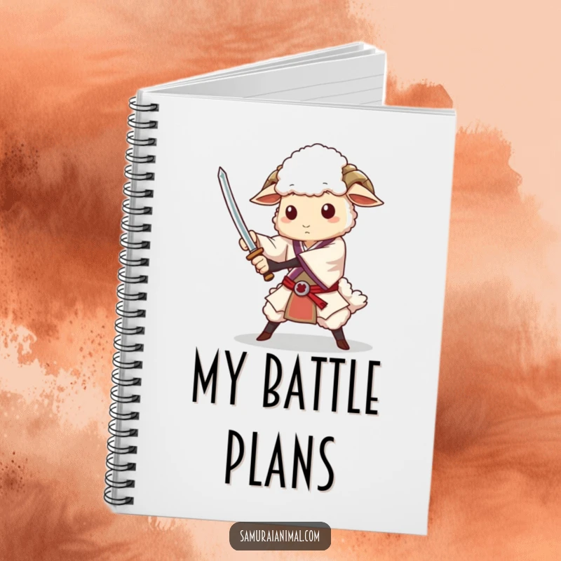 Funny notebook with a dignified sheep character practicing a sword flourish, ideal for jotting down heroic ideas and plans.