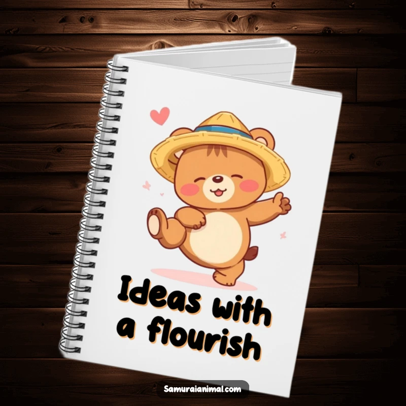 Funny bear cub notebook featuring a sleepy bear in a straw hat, smiling as it attempts a high kick, ideal for notes.