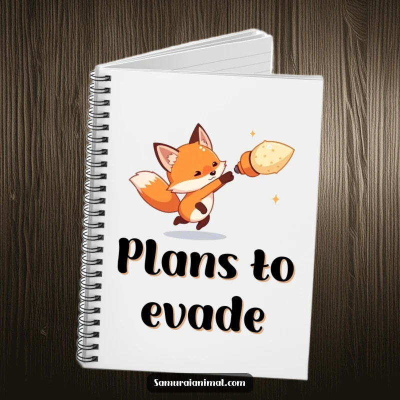 Funny tiny fox artfully dodging an oversized imaginary projectile on a notebook cover, a humorous design for planning and note-taking.