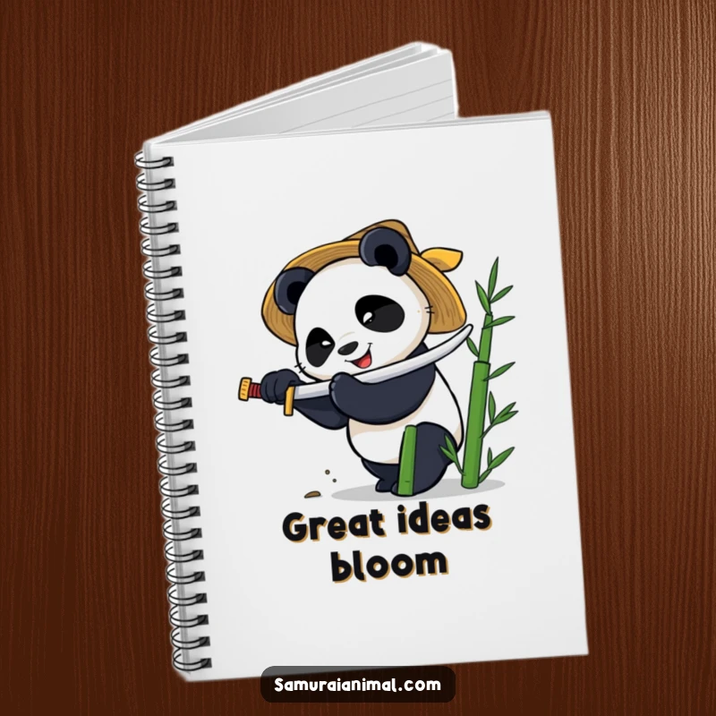 Funny notebook cover featuring a smiling panda in a straw hat, intensely chopping bamboo with a miniature katana.