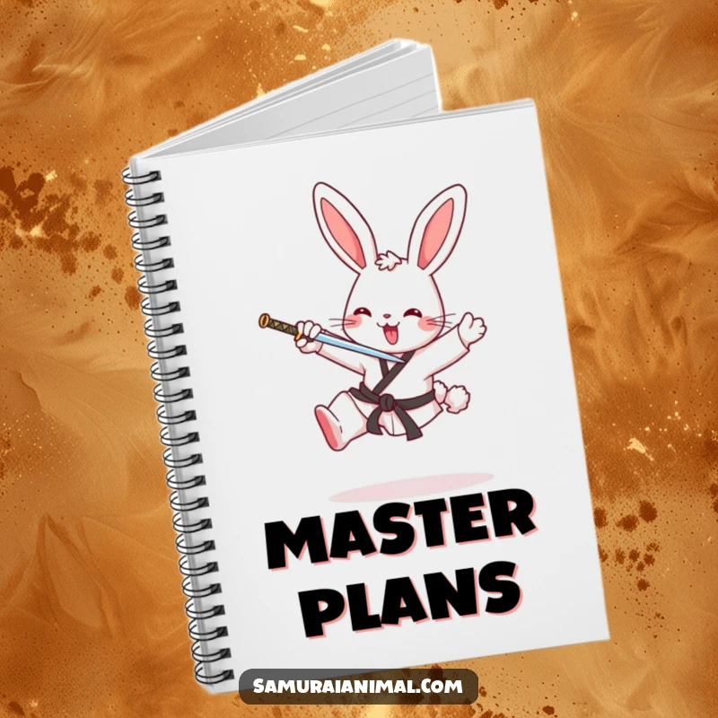 Funny notebook with a cheerful bunny performing a karate kick, ideal for jotting down ideas with a humorous martial arts theme.