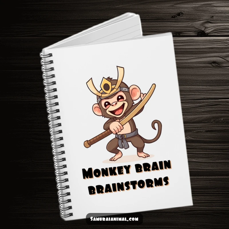 Funny notebook with a happy monkey in a samurai mask, swinging a wooden sword with enthusiasm, ready to record your every thought.