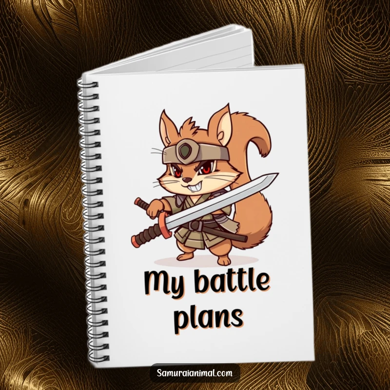 Funny squirrel samurai notebook, playful character with wooden katana, determined grin, cute warrior journal.