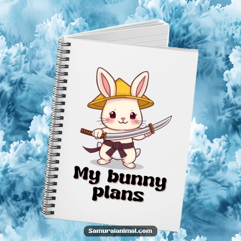 Funny Notebook with a tiny bunny samurai in a straw hat gleefully holding a minuscule katana, perfect for note-taking.