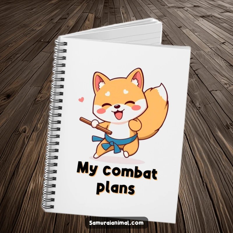 Funny Shiba Inu notebook featuring a playful dog performing a low sweep with a stick, ideal for writing and sketching.