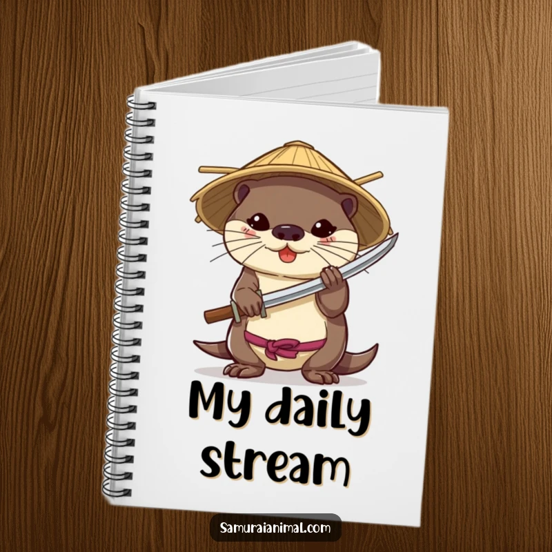 Funny notebook cover featuring a brave otter wearing a bamboo hat and holding a miniature katana.