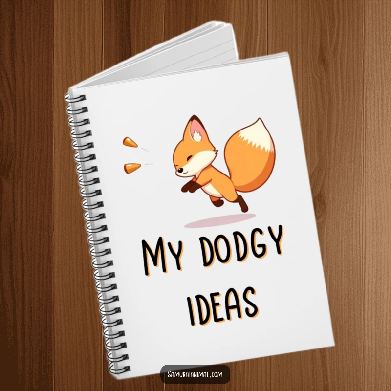 Funny notebook with a small fox artfully dodging an oversized, invisible projectile, ideal for jotting down funny thoughts and plans.