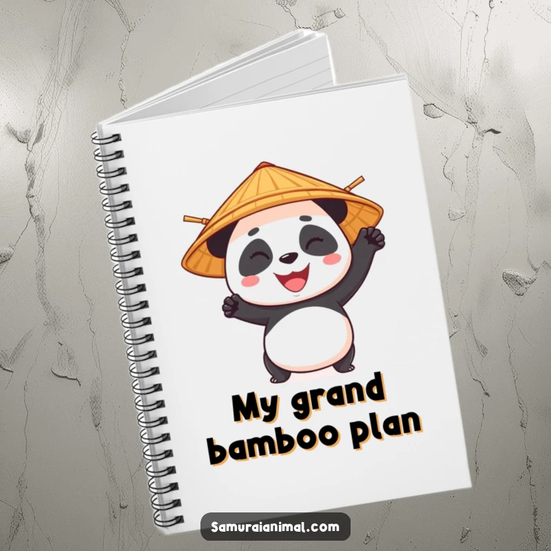 Funny panda character with a bamboo hat in a heroic pose, perfect for a stylish and humorous notebook.