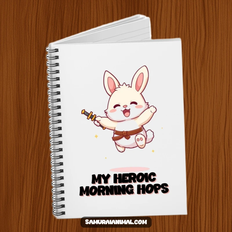 Funny bunny character with a tiny sword in a joyful mid-air pose, perfect for a stylish and humorous notebook.