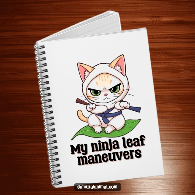 Funny cat character in ninja attire, determinedly rolling on a leaf, perfect for a stylish and humorous notebook.