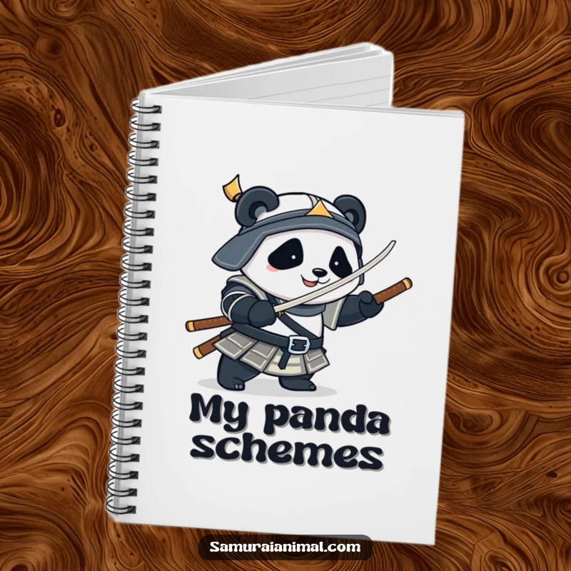 Funny Notebook featuring a plump panda in samurai armor playfully spinning a bamboo sword, perfect for note-taking.