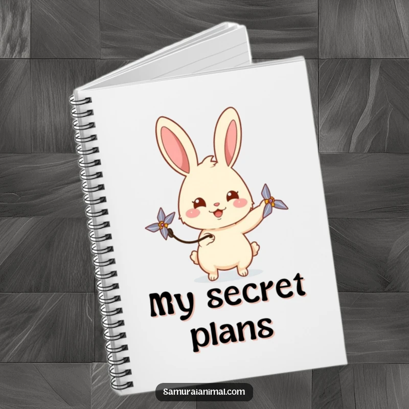 Funny rabbit notebook featuring a happy bunny playfully spinning a miniature shuriken with a curious gaze, ideal for writing.