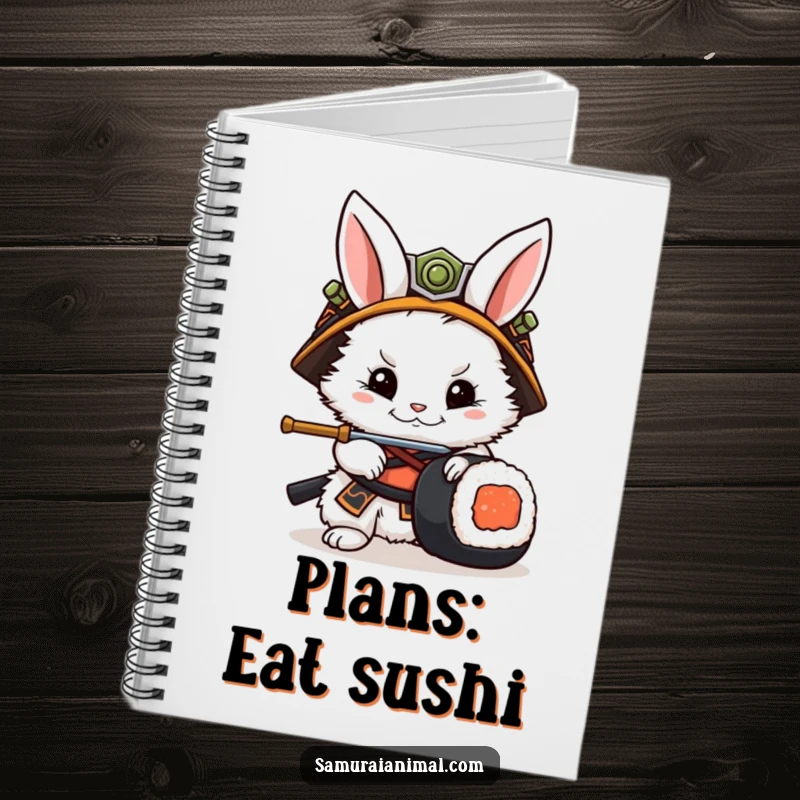 Funny Rabbit Samurai Notebook: A lined notebook with a cover showing a rabbit samurai in a helmet fighting a sushi roll.