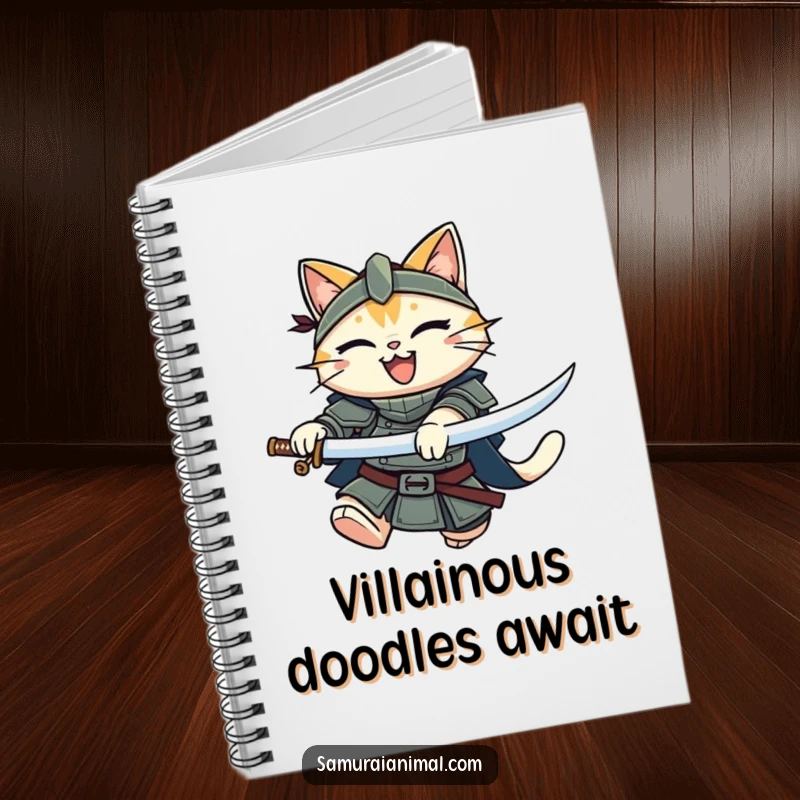 Funny Cat Knight Notebook: A smiling armored cat demonstrating a powerful leap with its katana, ready for notes.