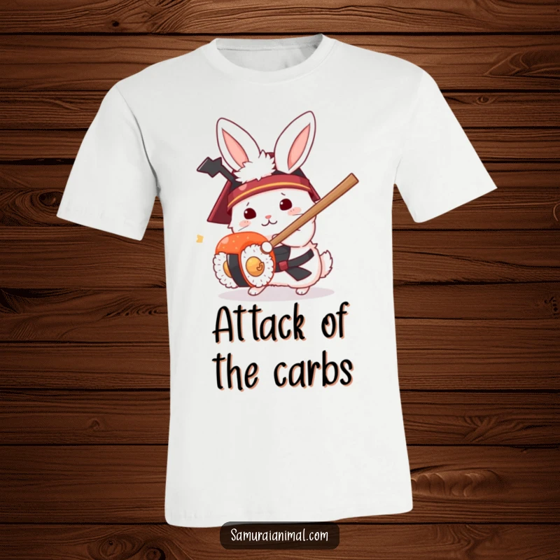 Funny t-shirt with a fluffy white rabbit in a samurai helmet engaged in a comical sword fight with a sushi roll.