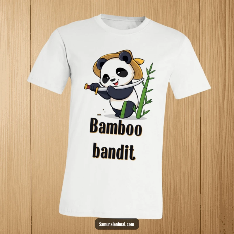 Funny t-shirt featuring a smiling panda in a straw hat fiercely chopping bamboo with a small katana, looking ready for action.