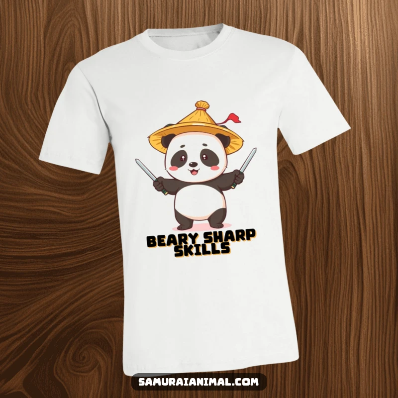 Funny Panda Juggling T-Shirt: A cute panda in a straw hat performing a juggling act with tiny swords.
