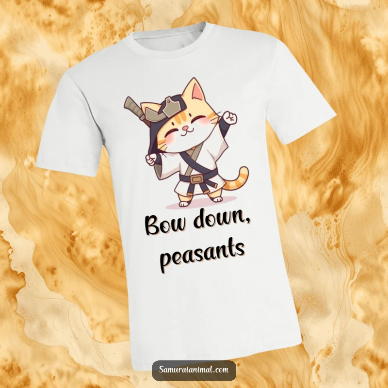 Funny Cat Samurai T-Shirt of a very happy cat warrior performing a silly, exaggerated bow in samurai gear.