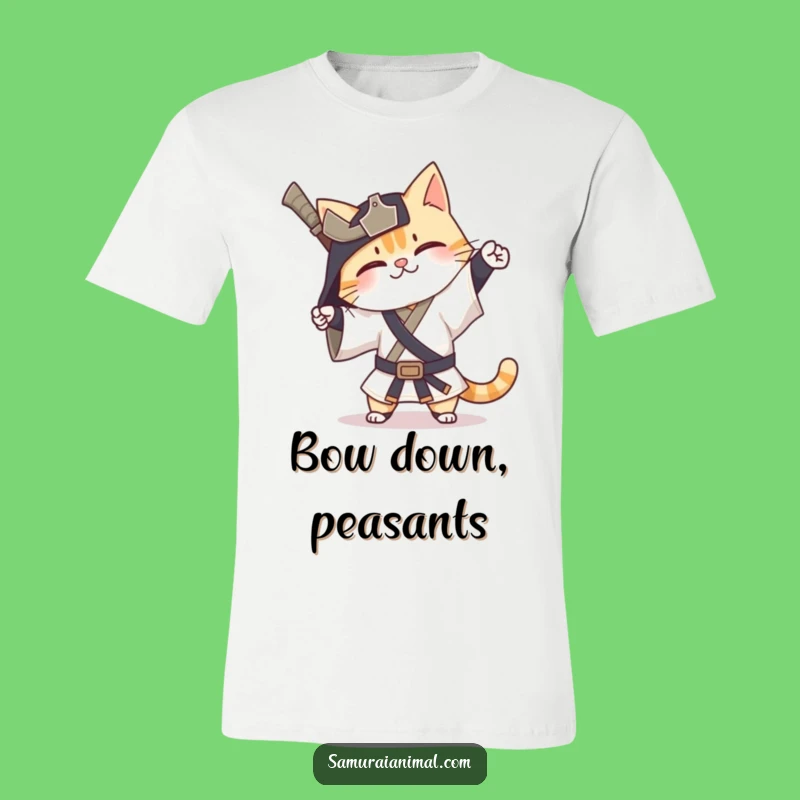 Funny Cat Samurai T-Shirt: Happy Exaggerated Bow Warrior Gift Tee