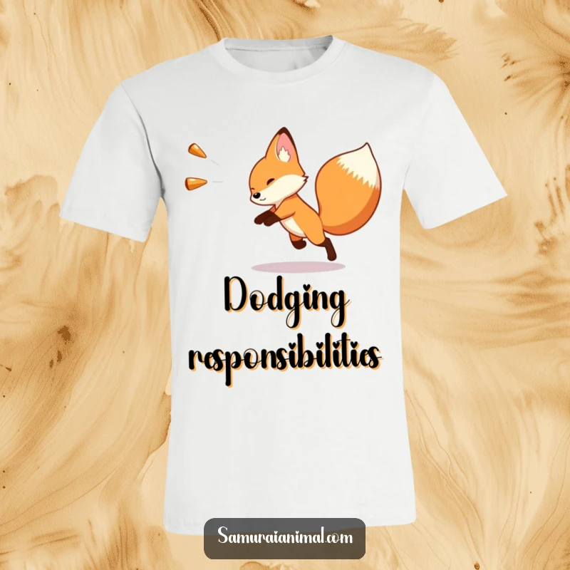 Funny t-shirt showcasing a tiny fox executing a comical, swift dodge from an invisible, oversized projectile with great agility.