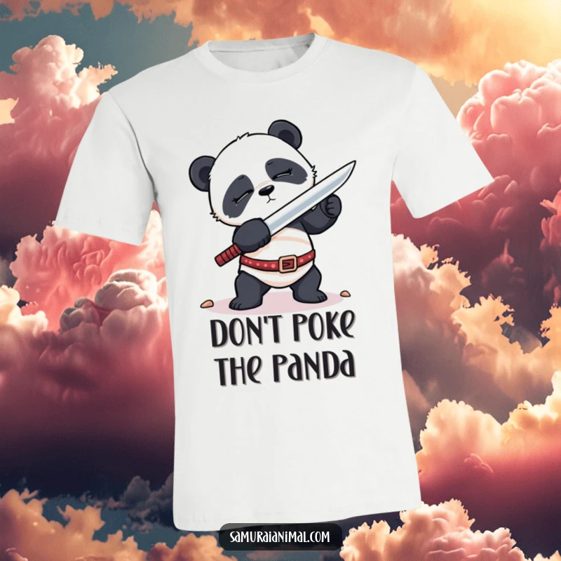 Funny T-Shirt showcasing a sleepy panda attempting a dramatic sword stance with comical awkwardness, radiating relatable effort and charm.