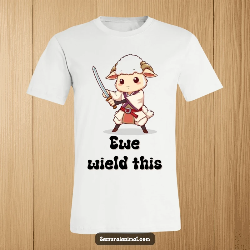 Funny t-shirt with a dignified sheep character practicing a graceful sword flourish, exuding charm and readiness for action.