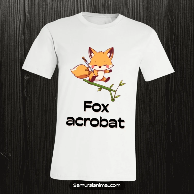 Funny T-Shirt featuring a playful fox ninja with a miniature sword leaping over a bamboo shoot with flair.