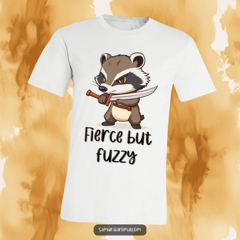 Funny badger t-shirt depicting a determined badger wielding a tiny wooden sword confidently, ready for anything.