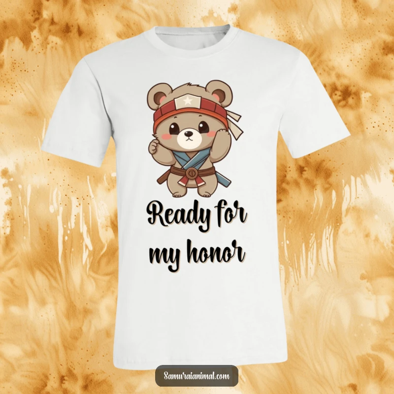 Funny illustration of a small bear cub curiously adjusting its samurai headband, printed on a comfortable and funny t-shirt.