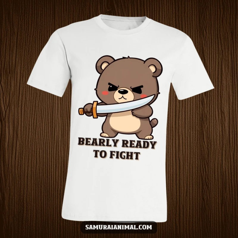Funny bear sword t-shirt featuring a small, determined bear character bravely engaged in a sword fight with a tiny wooden sword.