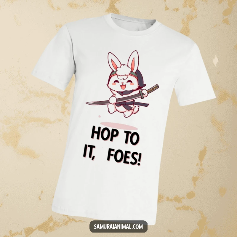 Funny fluffy bunny in a tiny helmet, brandishing cartoon katana, mid-leap, cute anime warrior, graphic tee.