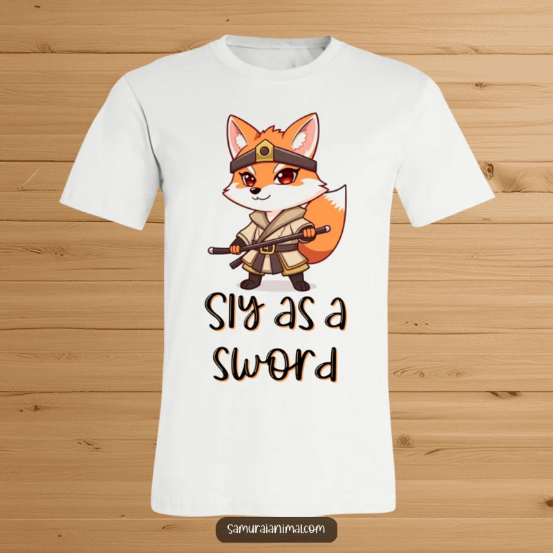 Funny Fox Samurai T-Shirt: A determined fox in full samurai regalia, striking a powerful, iconic battle pose.