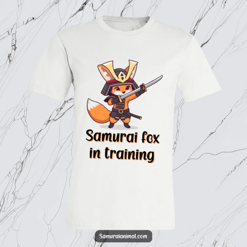 Funny fox character in a samurai helmet, joyfully practicing sword swings, a humorous and stylish t-shirt.