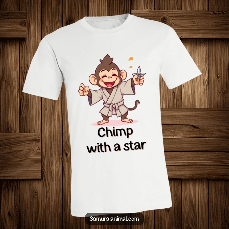 Funny monkey t-shirt depicting a cheerful monkey in a samurai gi, throwing a shuriken with pure glee.