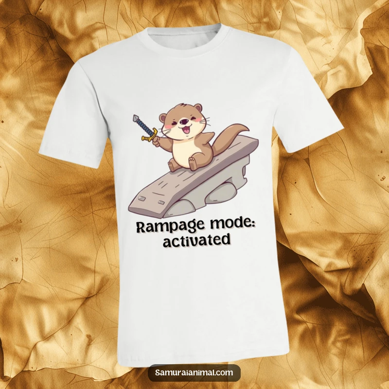 Funny t-shirt with a playful otter sliding down a ramp, brandishing a sword with a determined, joyful expression.