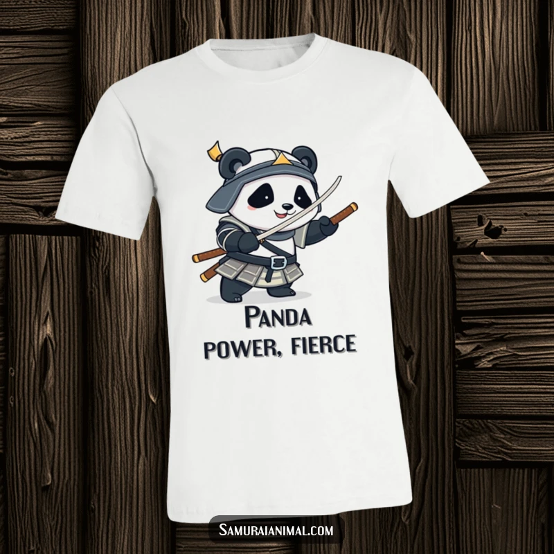 Funny T-Shirt depicting a plump panda in samurai armor playfully spinning a bamboo sword with enthusiasm and charm.
