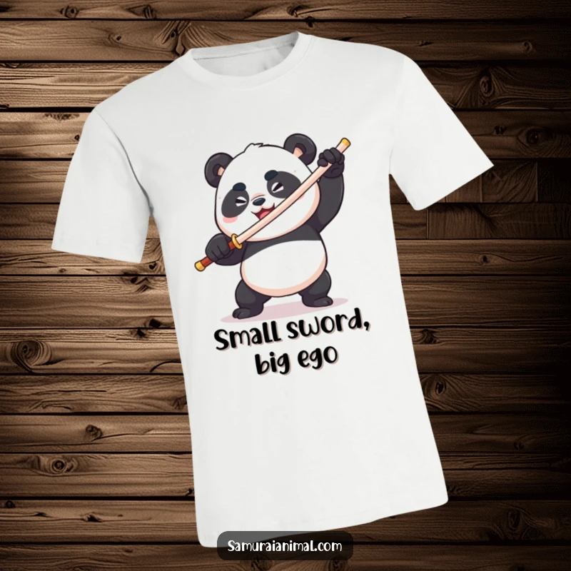 Funny plump panda wielding a toothpick sword, fierce & comical, determined grin, animal warrior graphic tee.