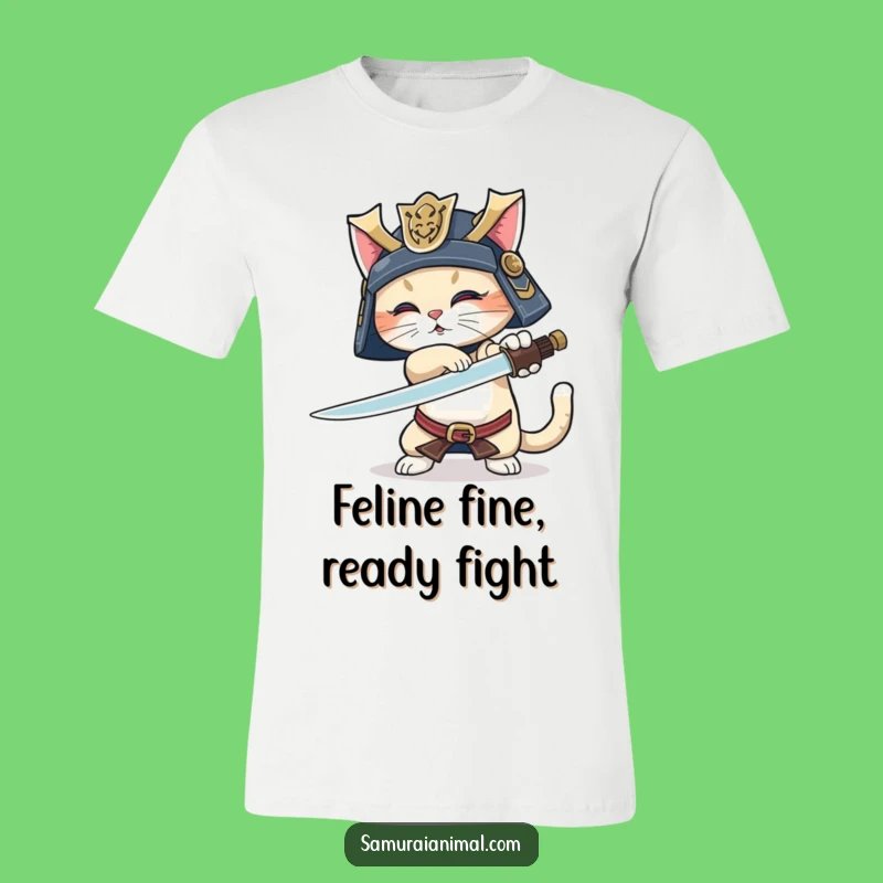 Funny Samurai Cat T-Shirt: Playful Warrior with Sword, Wagging Tail, Great Funny Gift
