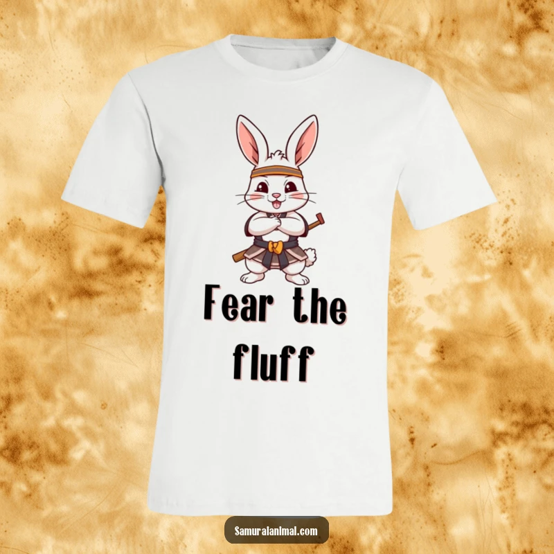 Funny T-Shirt showcasing a cheerful rabbit striking a dynamic samurai pose, paws crossed, exuding playful bravery and warrior spirit.