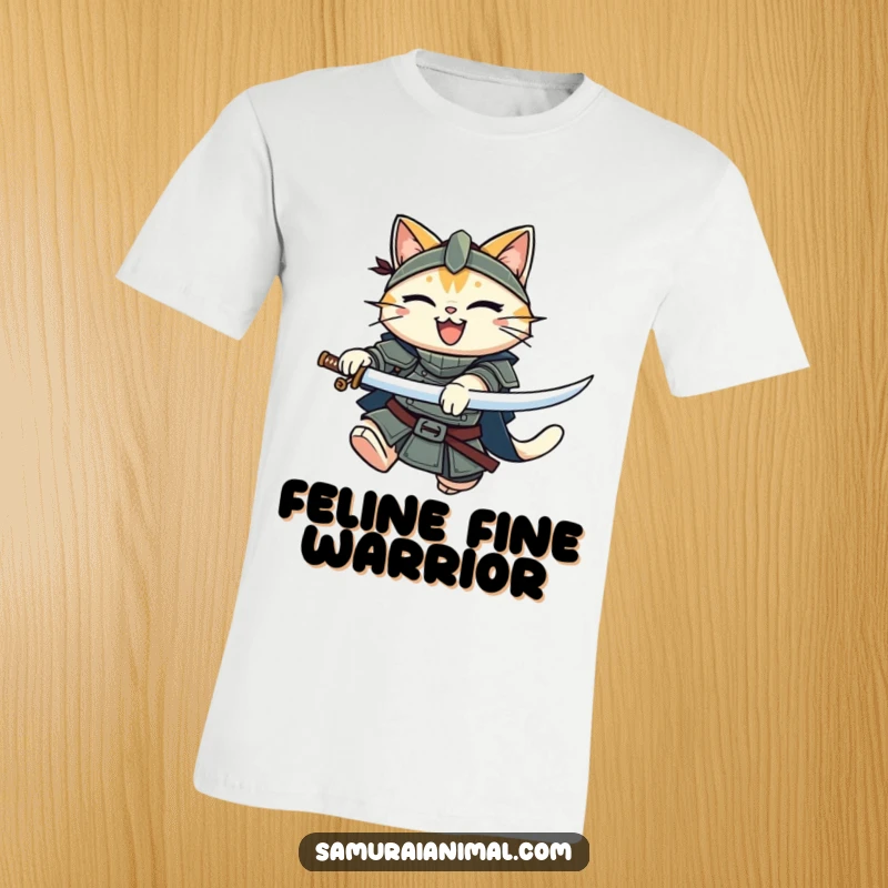 Funny Warrior Cat T-Shirt: A smiling armored cat in mid-leap, wielding a katana with heroic flair.
