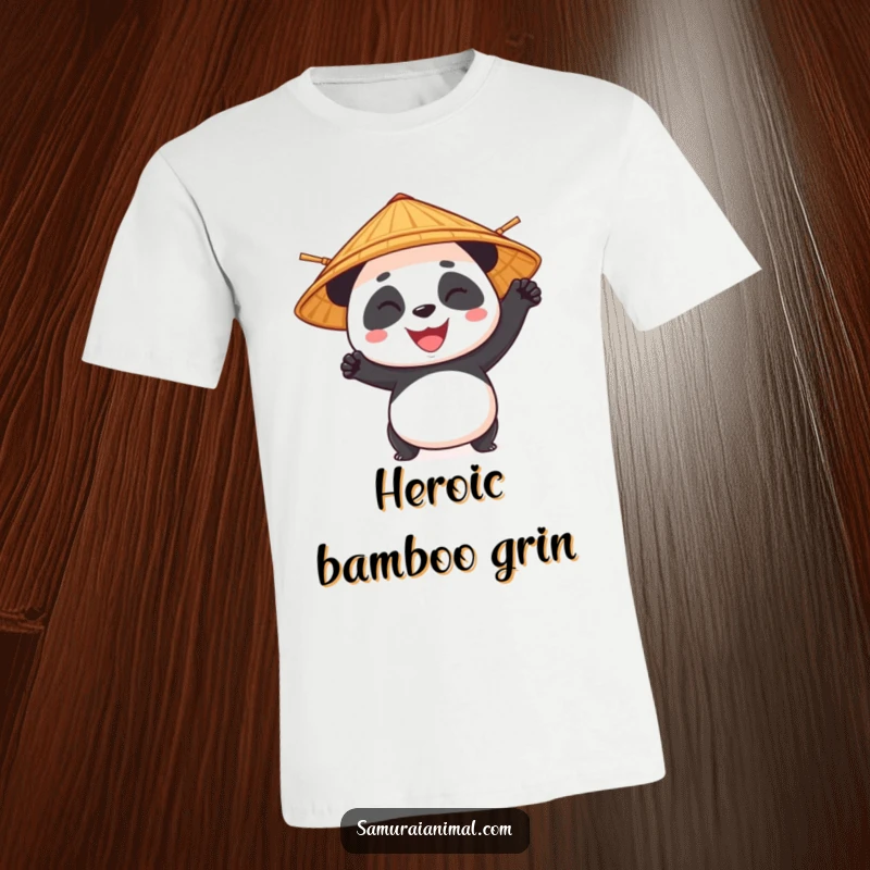 Funny panda in a bamboo hat striking a heroic pose, exuding confidence and humor on a t-shirt.