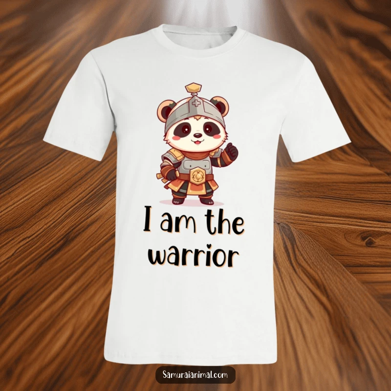Funny Panda Armor T-Shirt, a tiny panda in ancient armor striking a cute, wobbly pose, playful and fun.