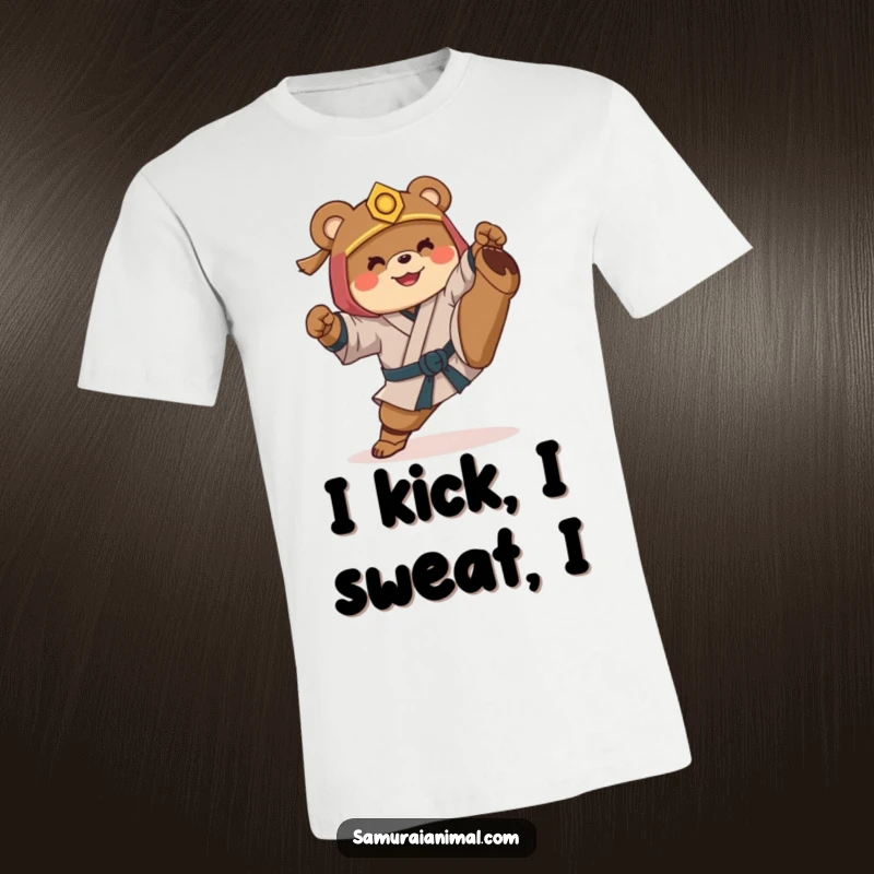 Funny t-shirt featuring a smiling bear in samurai attire attempting a high kick with an awkward yet comical pose.