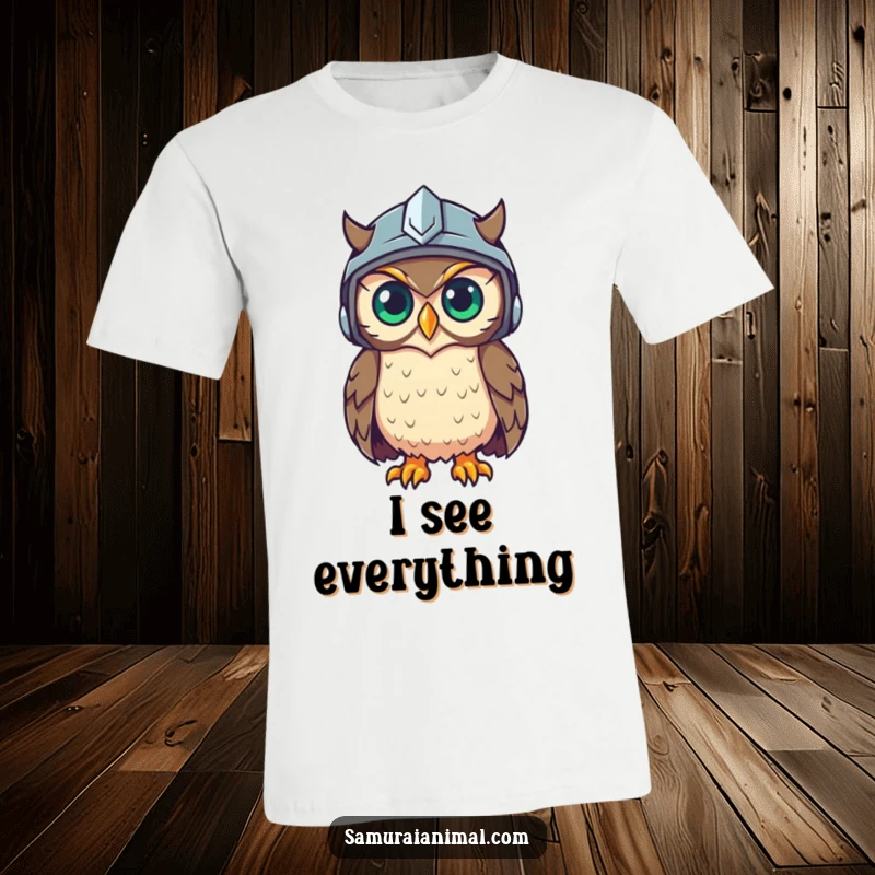 Funny t-shirt depicting a wise owl in a helmet, its eyes gleaming with intelligence and playful observation.