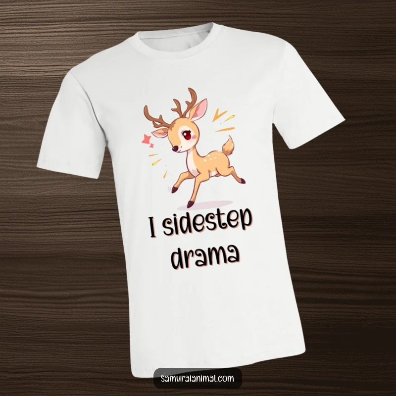 Funny deer t-shirt depicting a graceful deer smiling while elegantly evading an unseen foe, perfect for casual humor.
