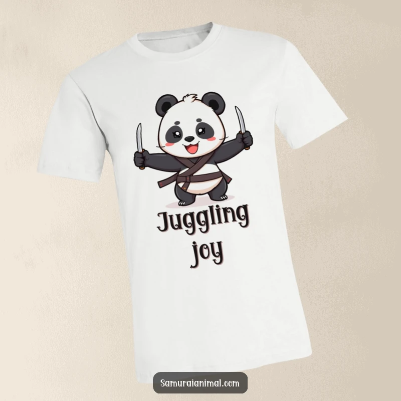 Funny T-Shirt with a cheerful panda holding a wide grin while juggling three miniature katanas with impressive skill.