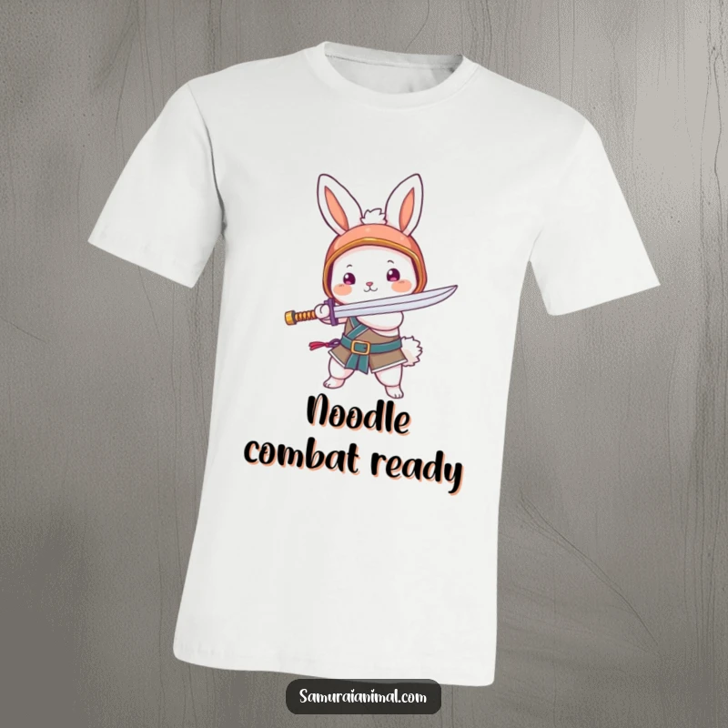 Funny t-shirt depicting a small, fluffy bunny in a tiny helmet, wielding a noodle as a sword. Cute and action-packed.
