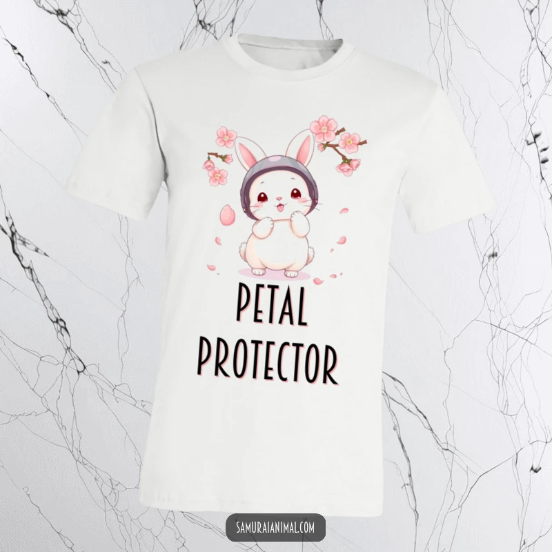 Funny T-Shirt with a fluffy bunny in a tiny helmet parrying a delicate falling cherry blossom petal with focus.